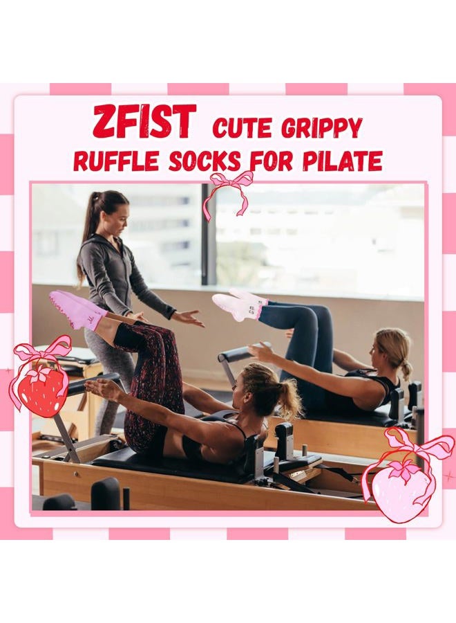 ZFiSt Pilates Socks with Grips for Women,4Pairs Ruffle Yoga Sock Cute Cotton Grippy Socks for Barre Workout Non Slip 5-10in, 4bear, One size - Image 3