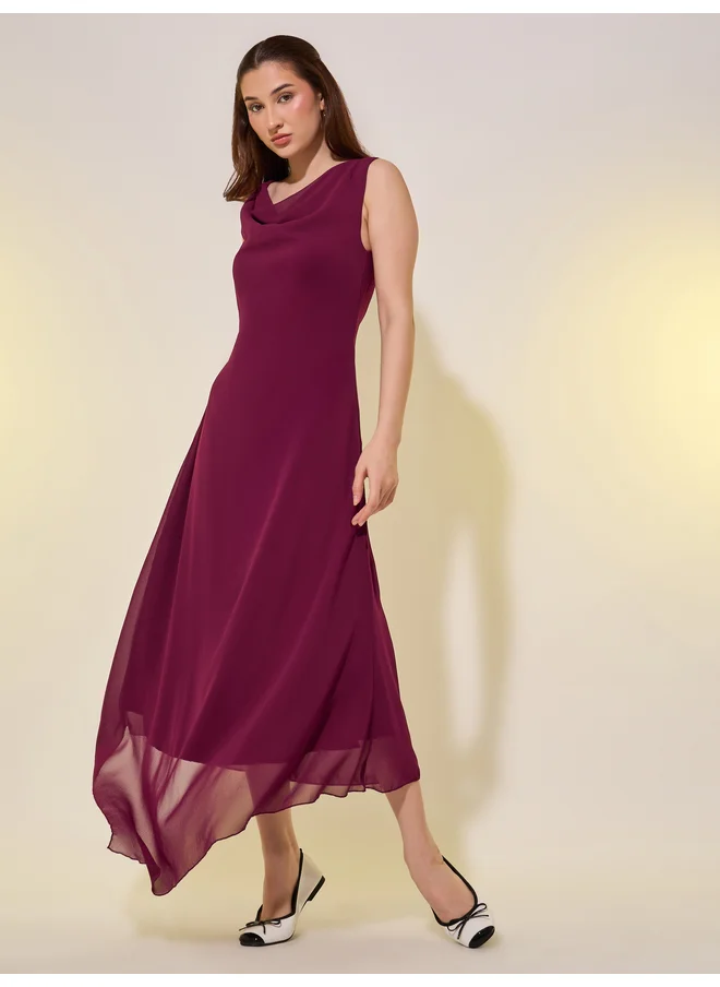 تايك تو Take Two Solid Cowl Neck A-Line Midi Dress
