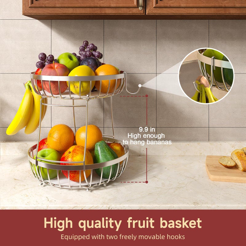 Sevenblue 2 Tier Fruit Basket for Kitchen Counter with 2 Banana Hangers, 2026 Pro Detachable Metal Fruit Bowl with Wooden Handle,Fruit Holder for Bread Snack Veggies, Silvery Extra Large - Image 2