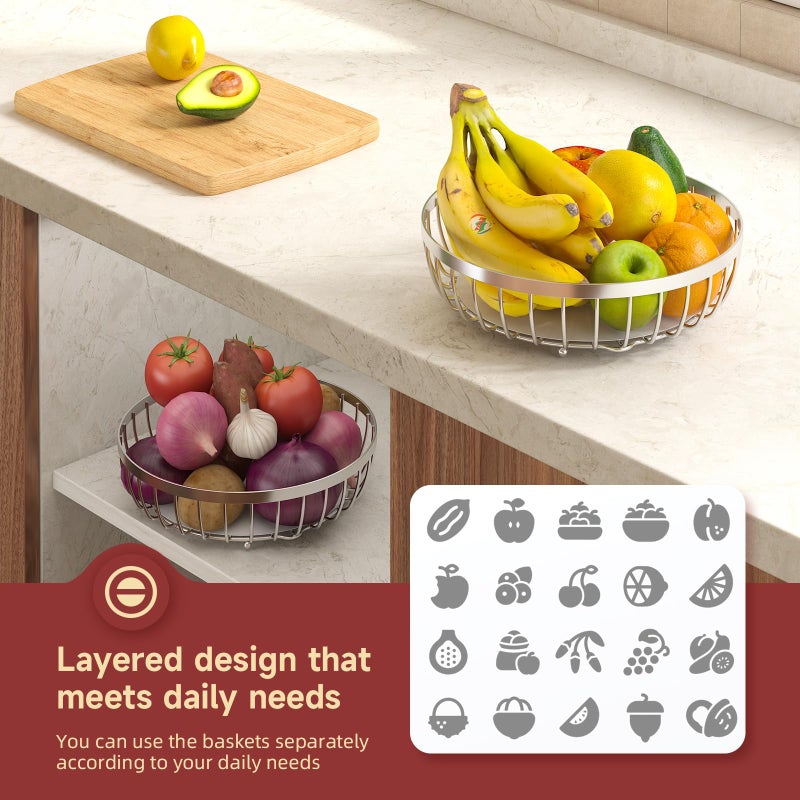 Sevenblue 2 Tier Fruit Basket for Kitchen Counter with 2 Banana Hangers, 2026 Pro Detachable Metal Fruit Bowl with Wooden Handle,Fruit Holder for Bread Snack Veggies, Silvery Extra Large - Image 4
