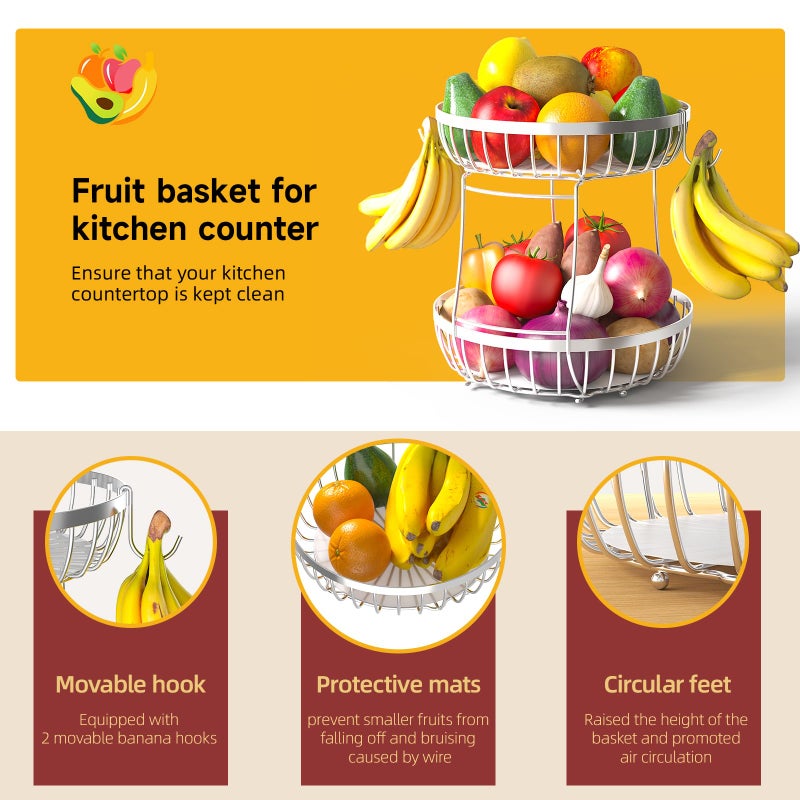 Sevenblue 2 Tier Fruit Basket for Kitchen Counter with 2 Banana Hangers, 2026 Pro Detachable Metal Fruit Bowl with Wooden Handle,Fruit Holder for Bread Snack Veggies, Silvery Extra Large - Image 3
