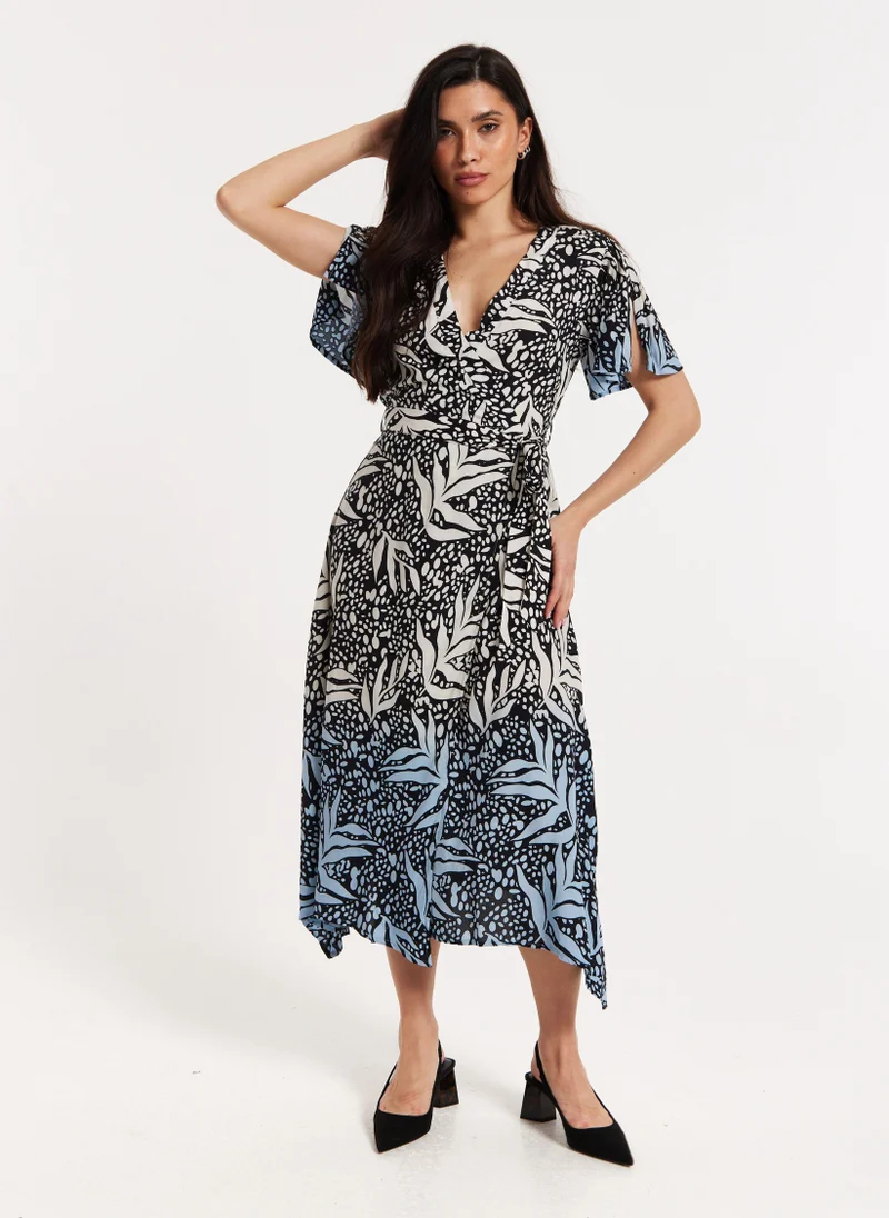 Liquorish Printed Blue Dip Dye Wrap Midaxi Dress