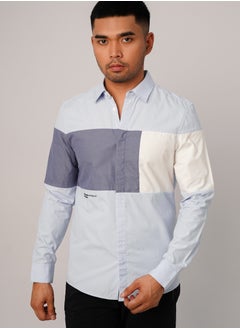 Men's Contras Panel Design Button Down Shirt in Sky