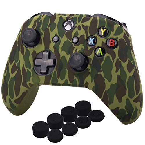YoRHa Water Transfer Printing Camouflage Silicone Cover Skin Case for Microsoft Xbox One X & Xbox One S Controller x 1(Forest) with PRO Thumb Grips x 8 - Image 1