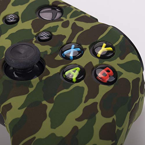 YoRHa Water Transfer Printing Camouflage Silicone Cover Skin Case for Microsoft Xbox One X & Xbox One S Controller x 1(Forest) with PRO Thumb Grips x 8 - Image 4