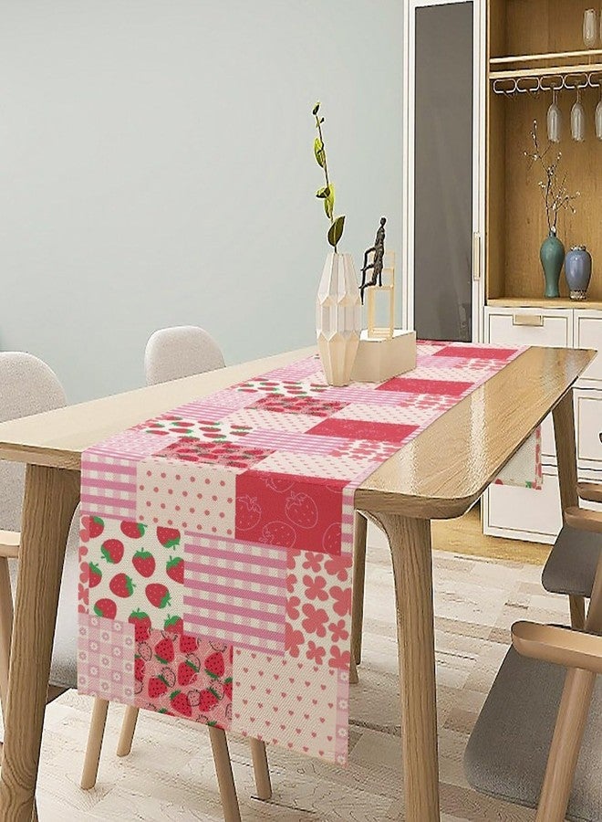 KANEPE Strawberry Table Runner Patchwork Pink Strawberry Floral Stripe Heart Decor for Indoor Outdoor Party Dinner Festival Farmhouse Holiday Dining Room Home Kitchen Restaurant Cafe, 13x36in - Image 3