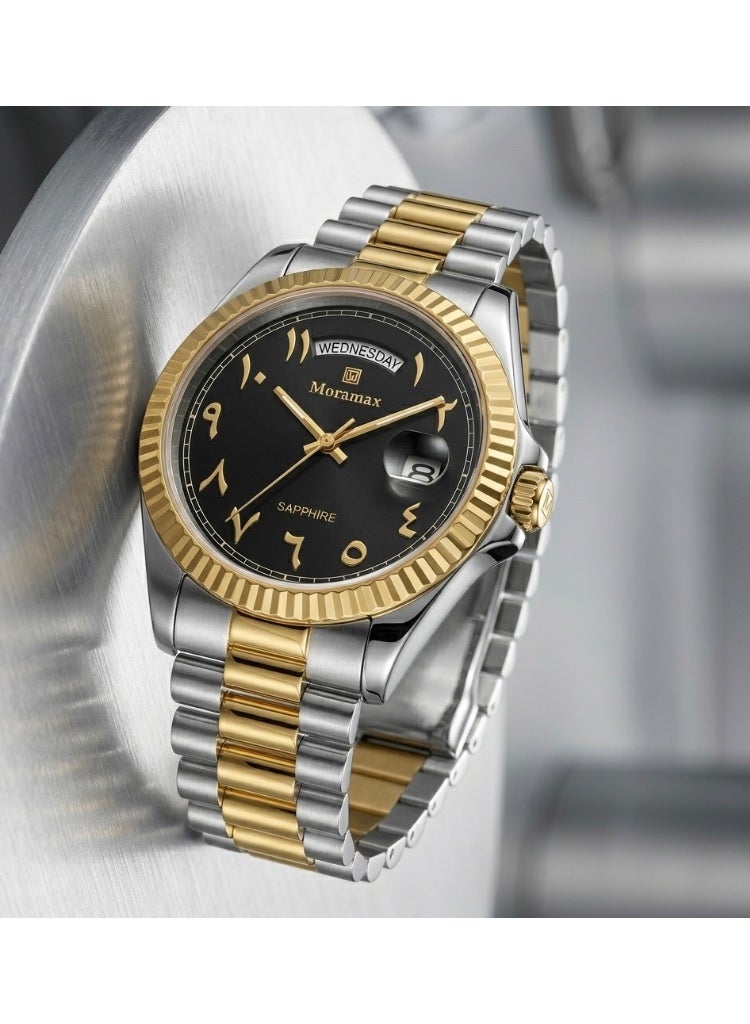 Moramax Men's Luxury Gold-Tone Watch Sapphire Crystal & Day Date Display - Image 2