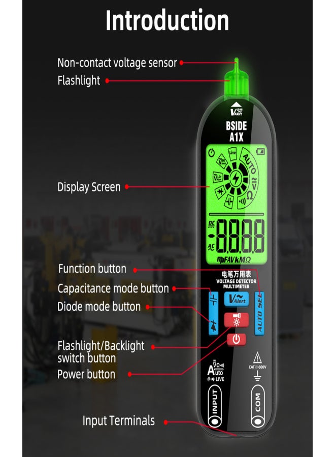 BSIDE Handheld Digital Multimeter Electric Test Pen Professional Voltage Resistance Diode Tester Live Wire Recognition Meter with Automatic Shutdown and Flashlight Function - Image 5