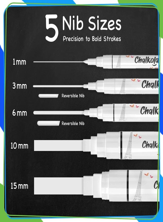 Chalkola 5 White Chalk Markers for Chalkboard Signs, Blackboard, Car Window, Bistro, Glass | 5 Variety Pack - Thin, Fine Tip, Bold & Jumbo Size Erasable Liquid Chalk Pens (1mm, 3mm, 6mm, 10mm, 15mm) - Image 2