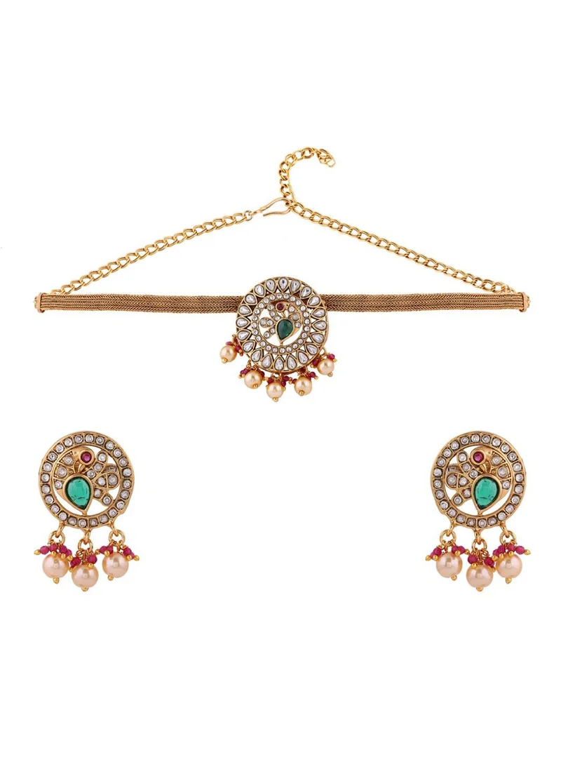 برياسي Plated Stone Studded  Beaded Floral Pattern Chocker Jewellery Set