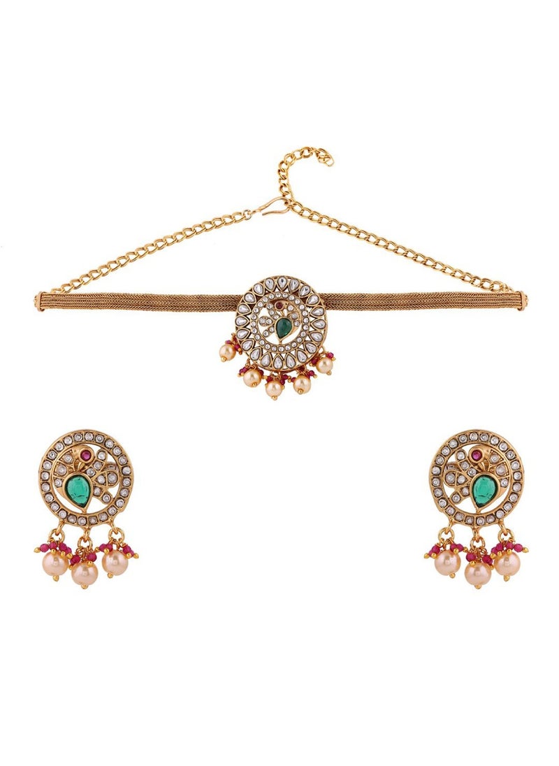 Priyaasi Plated Stone Studded  Beaded Floral Pattern Chocker Jewellery Set  - Image 2