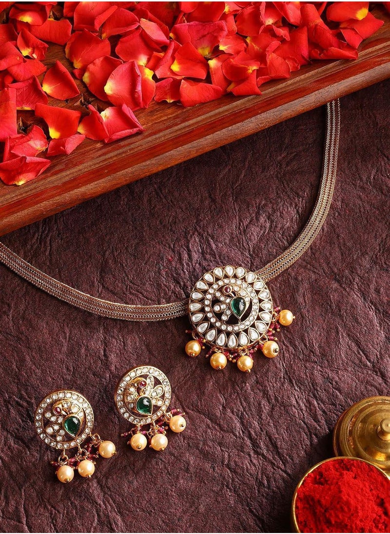 Priyaasi Plated Stone Studded  Beaded Floral Pattern Chocker Jewellery Set  - Image 5