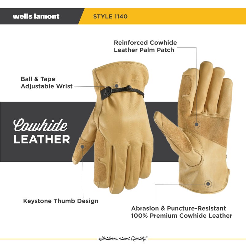 Wells Lamont Leather Work Gloves for Men â€“ Heavy Duty, Cowhide, Abrasion & Puncture Resistant â€“ Adjustable Wrist, Gunn Cut Design, Ideal for Ranching, Farming, Construction - Timber - L - Image 2