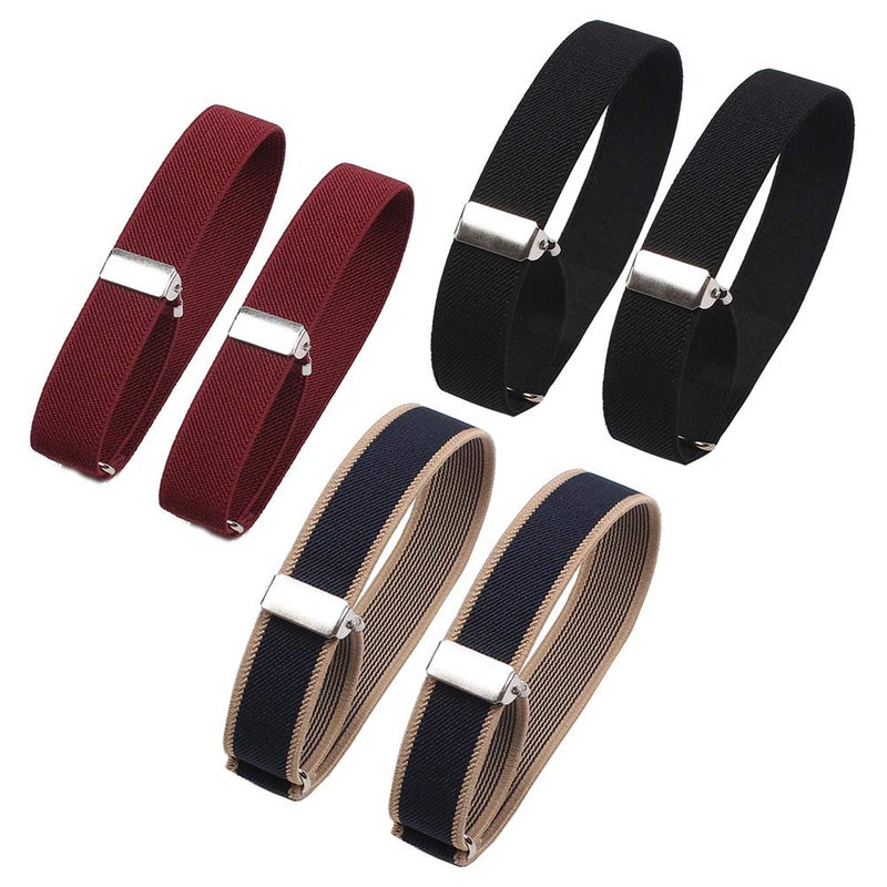 lasenersm 6 Pieces (3 Pairs) Unisex Elastic Adjustable Armbands Anti-Slip Shirt Sleeve Holders Adjustable Arm Shirt Garters Hold Up Sleeve Garters Elastic Armbands, Black, Wine-red, Blue with Beige Edge - Image 1