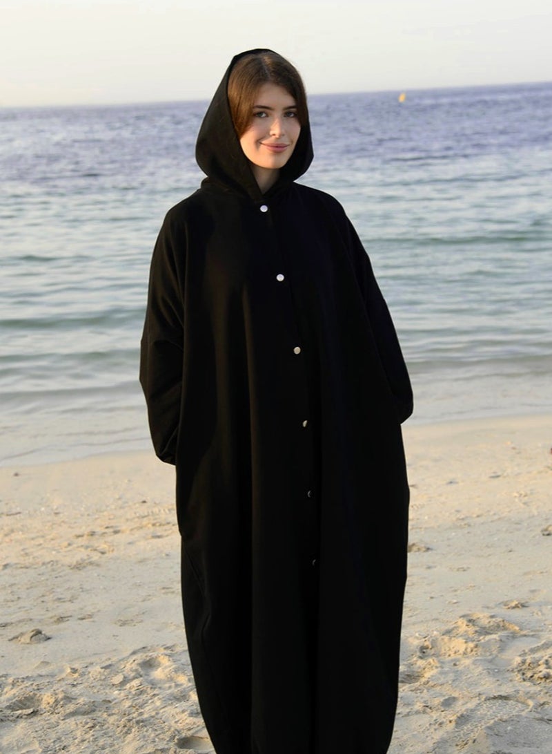 DIMAR BY DIYORA Women's Hoodie Abaya Long Sleeve Buttoned Front Casual Loose-Fit Oversize Maxi Dress Soft Fabric Elegant Comfortable - Black - Image 1