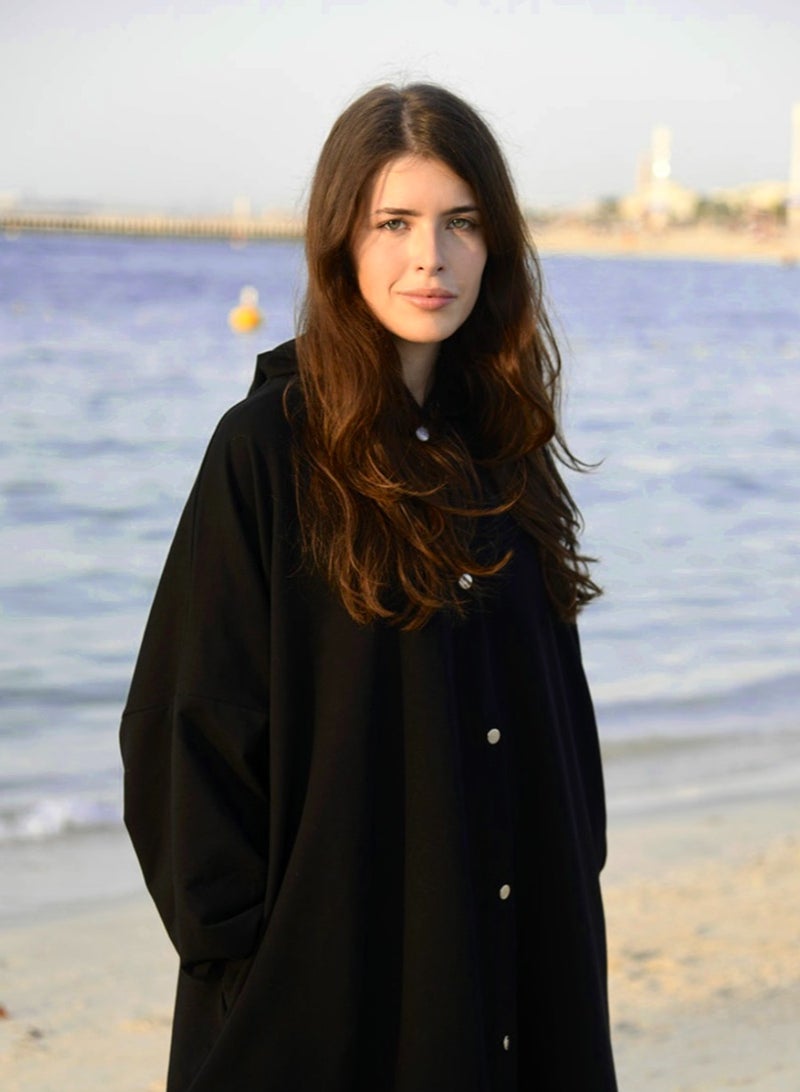 DIMAR BY DIYORA Women's Hoodie Abaya Long Sleeve Buttoned Front Casual Loose-Fit Oversize Maxi Dress Soft Fabric Elegant Comfortable - Black - Image 2