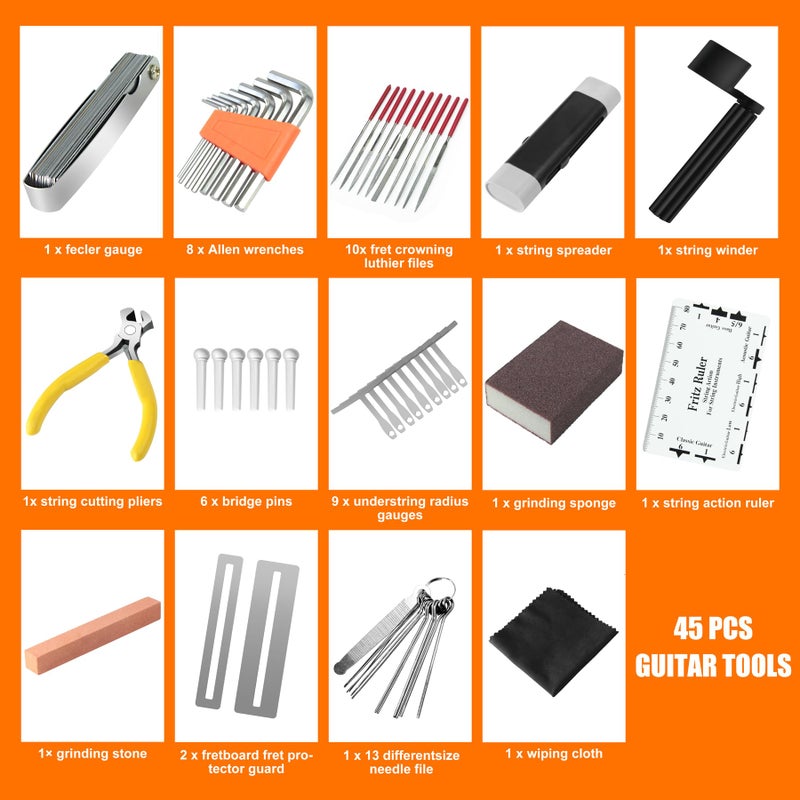 TIMDAM 45Pcs Guitar Tool Kit, Guitar Repair Kit, Guitar Setup Kit, Luthier Tools Guitar Kit, Guitar Maintenance Kit Guitar Fret Tools, TIMDAM Guitar Accessories for Ukulele Bass Guitar Gifts for Musicians - Image 2