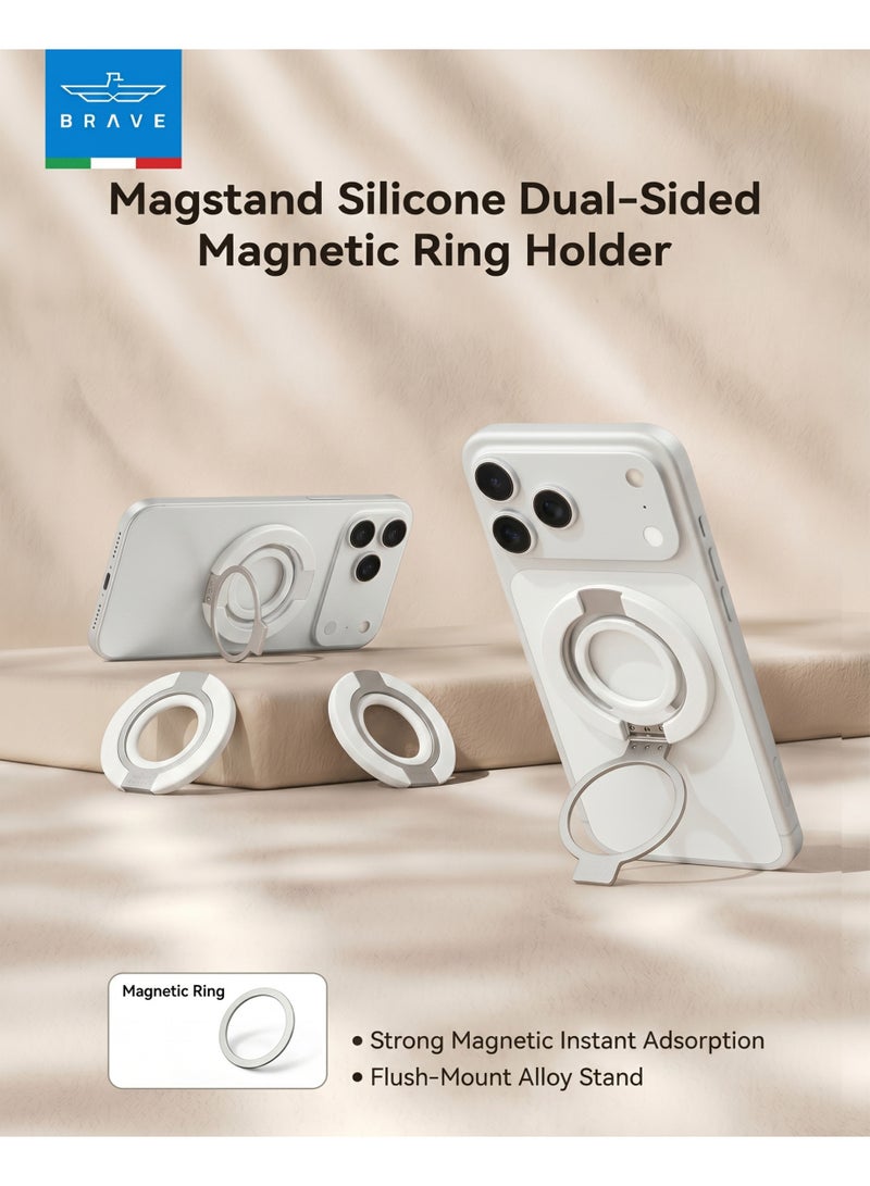 Brave MagSafe 3-in-1 Magnetic Phone Grip with Finger Strap & Kickstand – Strong Dual-Sided Silicone Anti-Drop Ring Holder, Wireless Charging Compatible, Removable Magnetic Phone Stand, Universal for iPhone 17 / 16 / 15 / 14 / 13 / 12 Series, Samsung Galaxy S25 / S24 / S23 / S22 & All Android Smartphones – White - Image 2