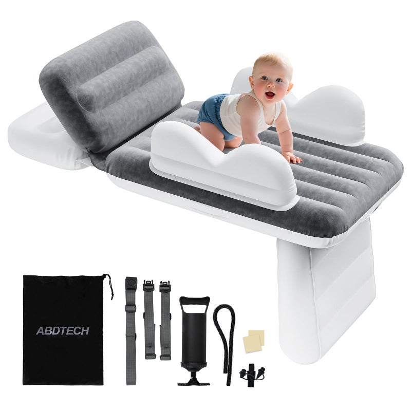 Abdtech Inflatable Toddler Airplane Bed: Safe & Soft - Portable Kids Travel Bed with Airplane Seat Extender for Kids - Blow up Mattress with Manual Pump,Seat Belt and Travel Bag (37Inch, Grey) - Image 1