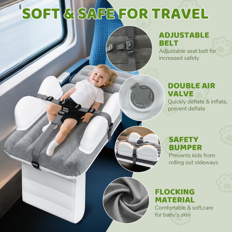 Abdtech Inflatable Toddler Airplane Bed: Safe & Soft - Portable Kids Travel Bed with Airplane Seat Extender for Kids - Blow up Mattress with Manual Pump,Seat Belt and Travel Bag (37Inch, Grey) - Image 5