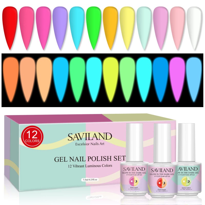SAVILAND Glows in The Dark Gel Nail Polish Set - 12 Halloween Colors Luminous Neon Nail Gel Polish Set Soak off U V/LED Glow Effect Nail Polish for DIY Nail Art Design Holiday Gifts for Women - Image 1