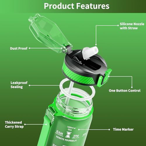 QLUR Water Bottle with Straw, 32oz Motivational Water Bottles with Time Marker to Drink, Tritan BPA Free, 1L Sports Water Bottle with Carry Strap LeakProof for Women Gym Fitness Outdoor (1 Pack) - Image 5