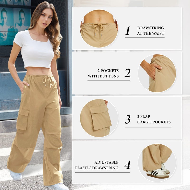 COPYLEAF Cargo Pants Women Low Waisted Parachute Pants with Pockets Loose Baggy Hiking Pants Y2K Clothes Khaki - Image 5