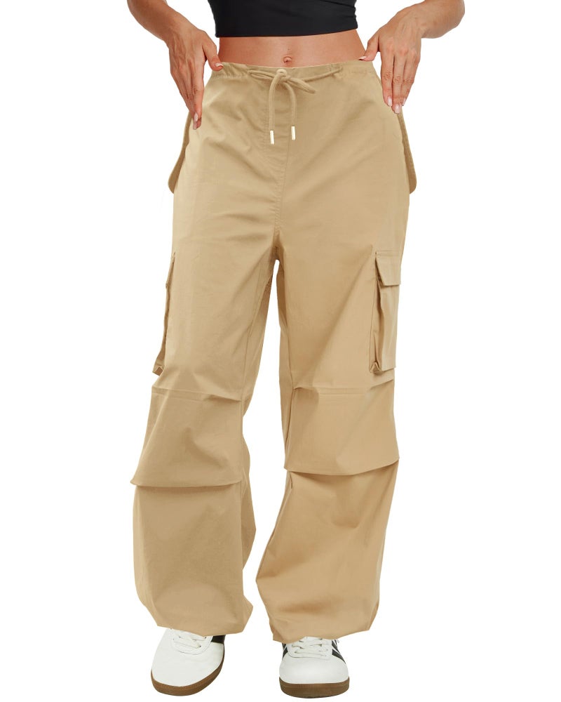 COPYLEAF Cargo Pants Women Low Waisted Parachute Pants with Pockets Loose Baggy Hiking Pants Y2K Clothes Khaki - Image 1