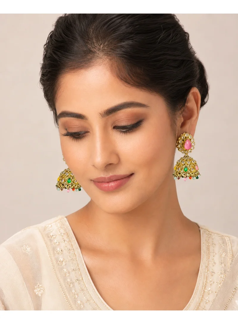 Lehar Imitation Gold Tone Kundan Jhumka Earrings with Pink & Green Stones and Multicolor Beaded Drops