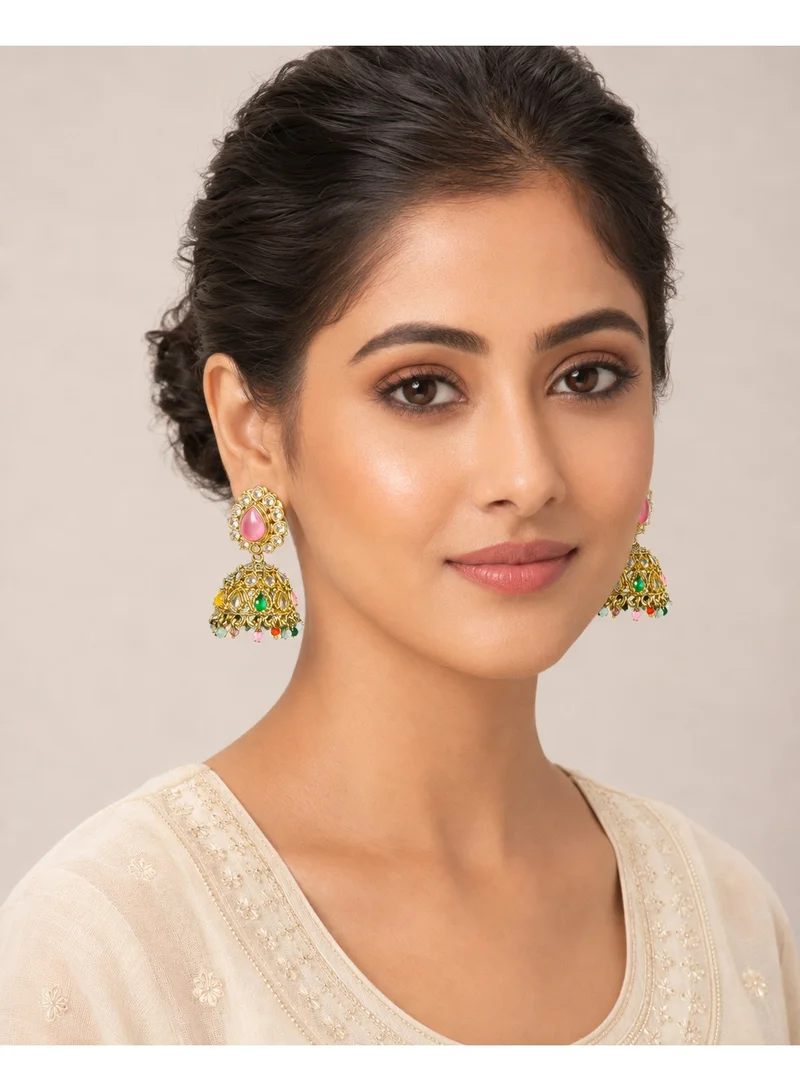 Lehar Imitation Gold Tone Kundan Jhumka Earrings with Pink & Green Stones and Multicolor Beaded Drops