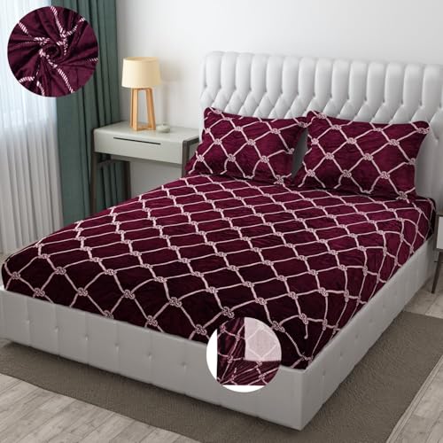 SHOMES Premium Elastic Fitted Warm bedsheets for Winter for Double Bed, Elastic Fitted Winter bedsheets for King Size Bed with 2 Pillow Covers, Size - 72 x 78 Inches (Wine) - Image 1