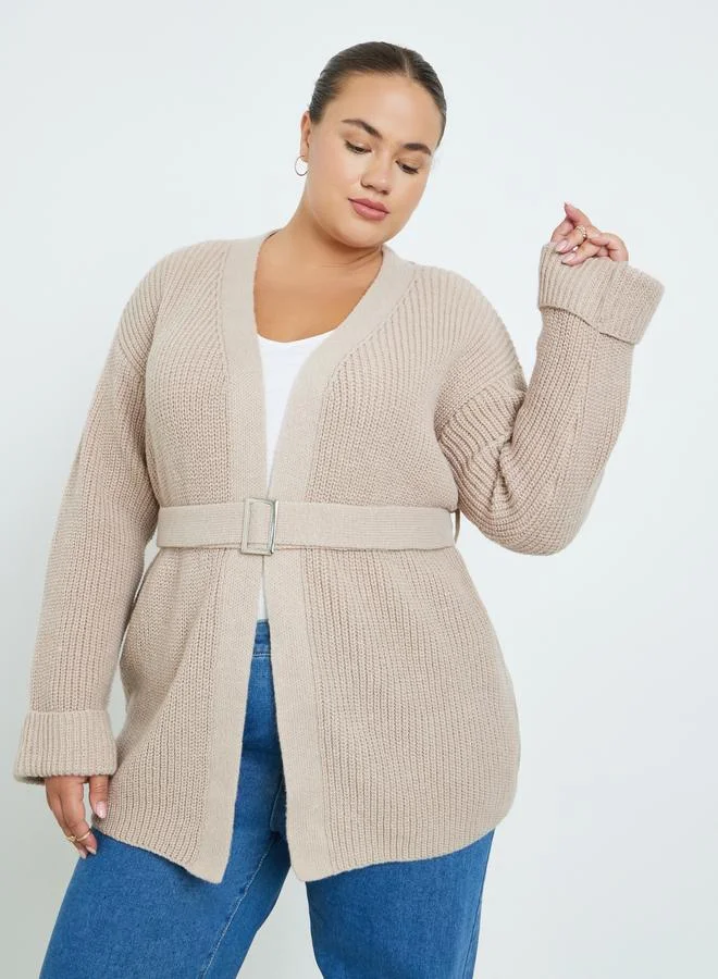 Plus Size Beige Knit Belted Cardigan