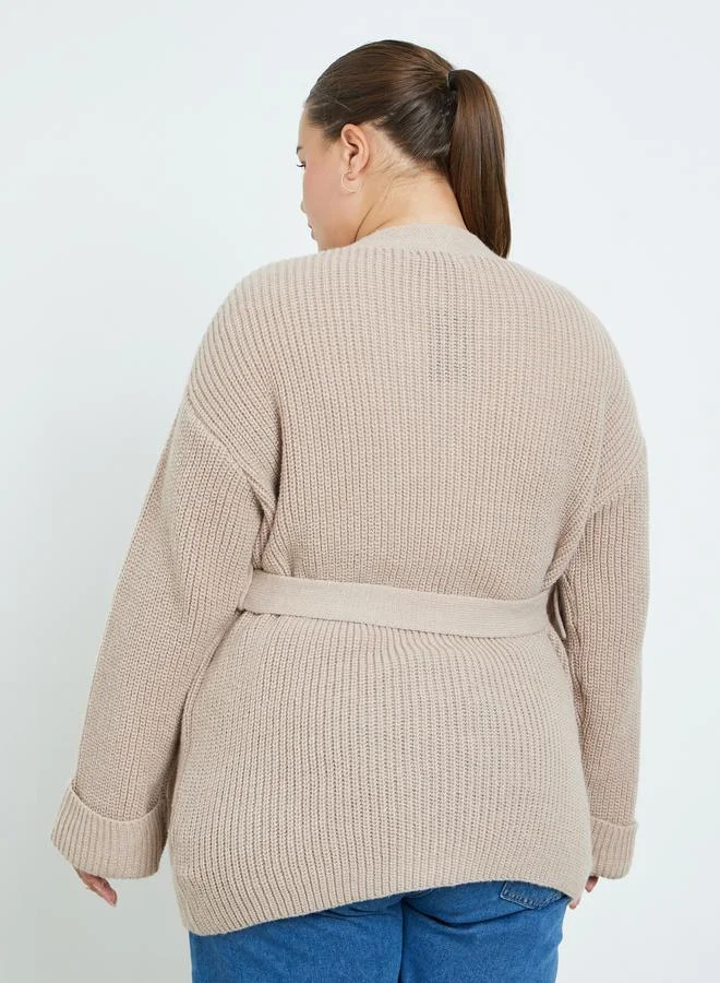 Styli Plus Size Beige Knit Belted Cardigan