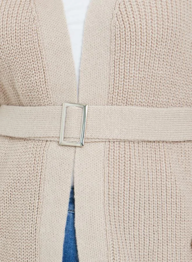 Styli Plus Size Beige Knit Belted Cardigan