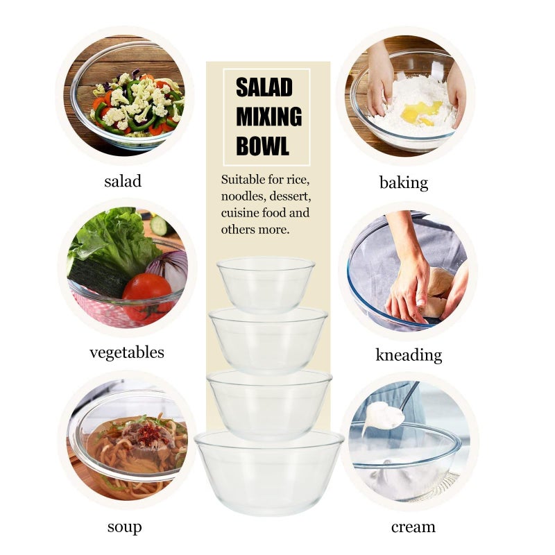 Thickened Glass Mixing Bowl Set 4 Pieces 500ml 800ml 1050ml 1600ml for Kitchen and Dining - Image 4