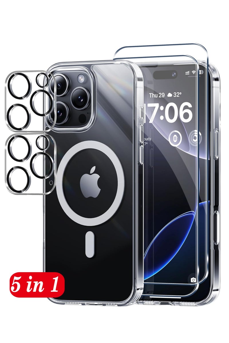 CoomBe 5 in 1 for iPhone 16 Pro Max Case Clear, Compatible with Magsafe  with 2Pcs Screen Protector + 2Pcs Camera Protector, Rugged Shockproof Slim Phone Case Cover - Image 1