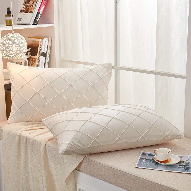 JAUXIO Diamond Pinch Pleated Crystal Velvet Pillowcases 2 Pack Solid Pintuck Throw Cushion Cover for Home Decor Hidden Zipper Closure (Cream  King) - Image 2