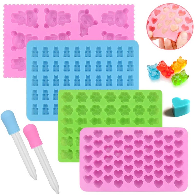 BUZIFU 4 Pack Candy Silicone Molds Gummy Bear Moulds Silicone Mould Gumdrop Jelly Molds Mini Gummy Bear Mold Ice Cube Trays Chocolate Moulds with 2 Droppers for Sweets Fondant Cake Decor