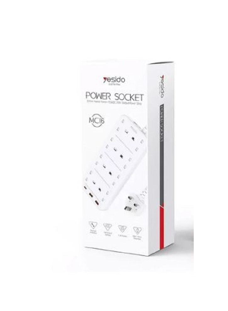Yesido 8-Outlet 3250 w Rated Power PD and QC 20 w output Surge Protection Charging Strip White MC16 - Image 3