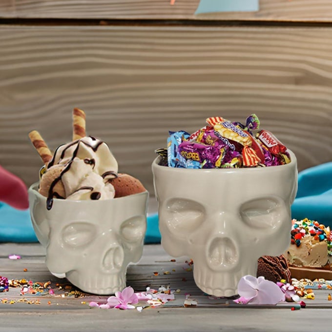 SKULL BOWL 2SET CERAMIC CANDY BOWL HALLOWEEN DECOR AND SKULL DECOR MICROWAVE DISHWASHER SAFE BONECOLORED 50 OZ 12 OZ