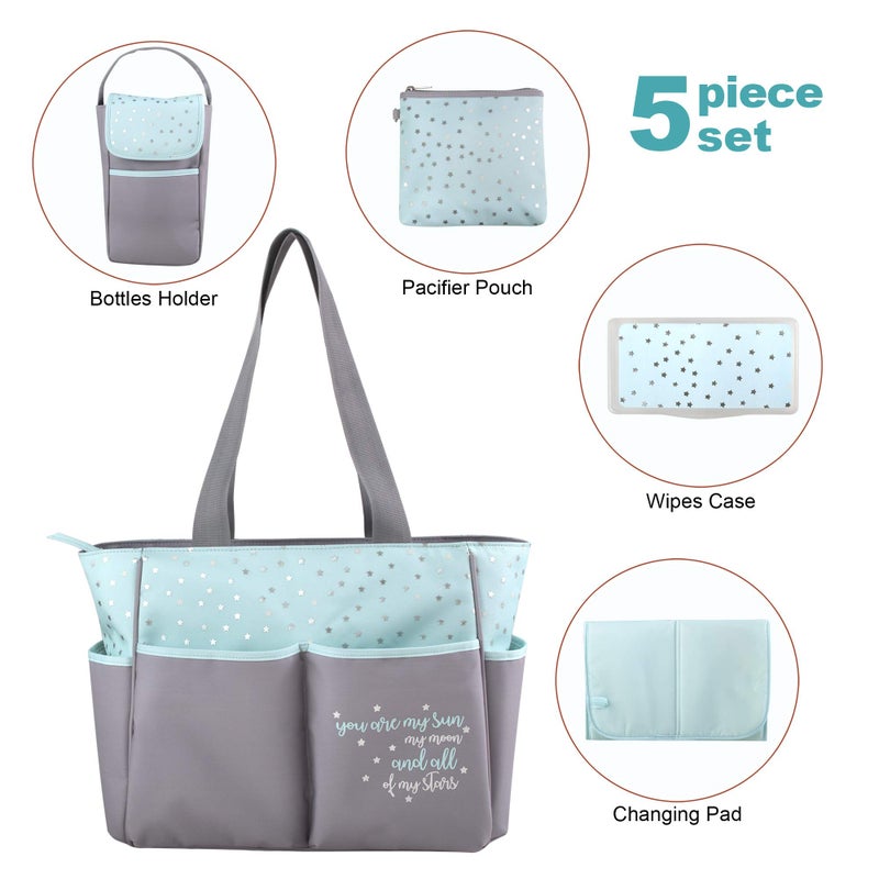 Baby Essentials Diaper Bag Tote 5 Piece Set with Sun, Moon, and Stars, Wipes Pocket, Dirty Diaper Pouch, Changing Pad (Grey/Aqua) - Image 4