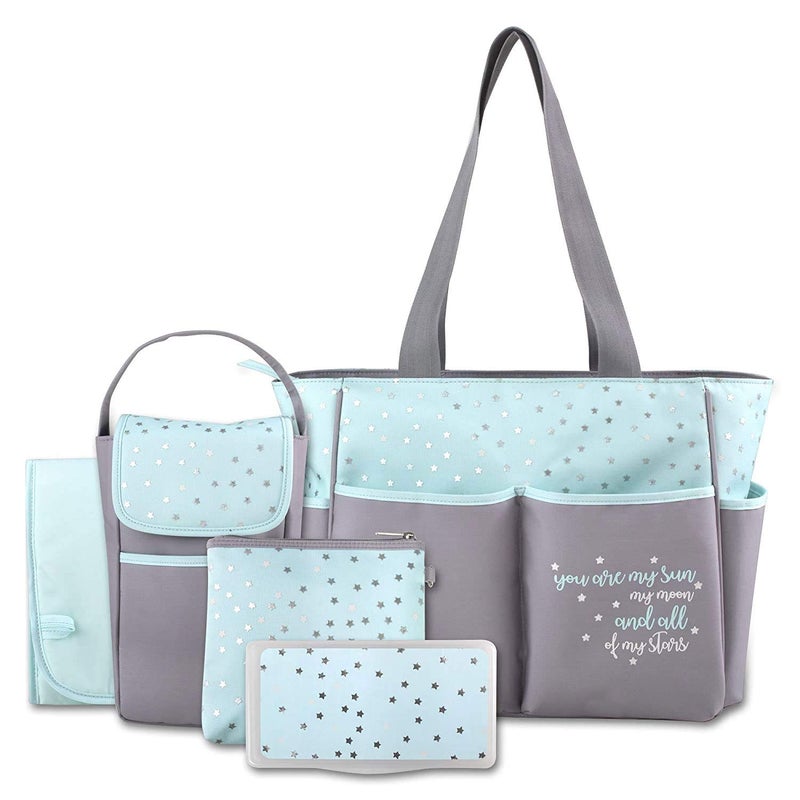 Baby Essentials Diaper Bag Tote 5 Piece Set with Sun, Moon, and Stars, Wipes Pocket, Dirty Diaper Pouch, Changing Pad (Grey/Aqua) - Image 1