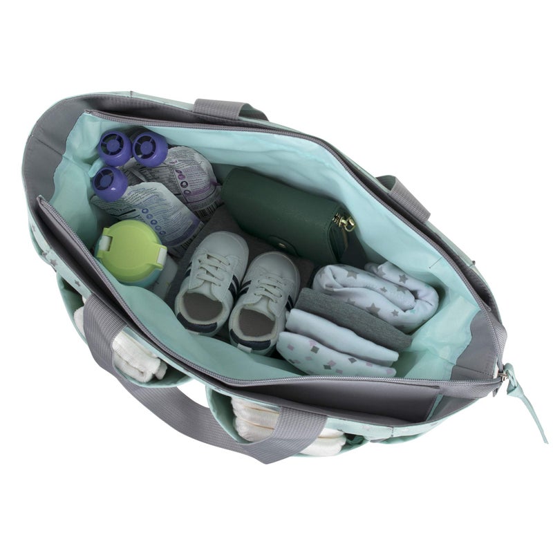 Baby Essentials Diaper Bag Tote 5 Piece Set with Sun, Moon, and Stars, Wipes Pocket, Dirty Diaper Pouch, Changing Pad (Grey/Aqua) - Image 3