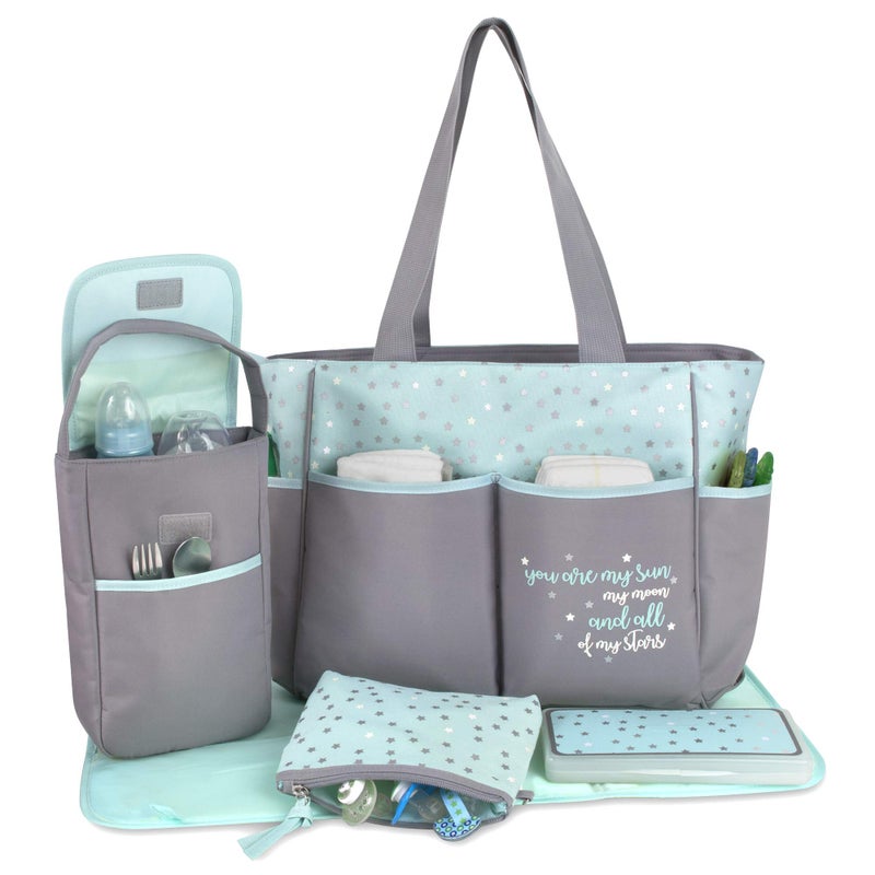 Baby Essentials Diaper Bag Tote 5 Piece Set with Sun, Moon, and Stars, Wipes Pocket, Dirty Diaper Pouch, Changing Pad (Grey/Aqua) - Image 2