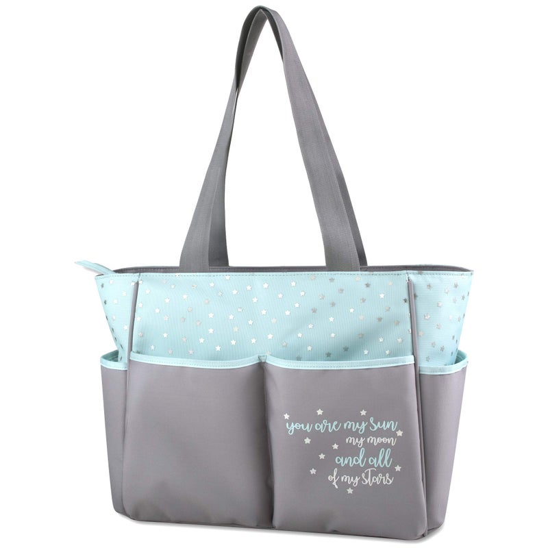 Baby Essentials Diaper Bag Tote 5 Piece Set with Sun, Moon, and Stars, Wipes Pocket, Dirty Diaper Pouch, Changing Pad (Grey/Aqua) - Image 5