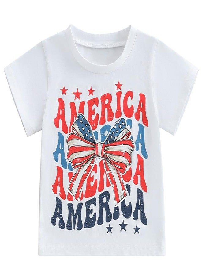 Pudcoco Kids Toddler Girls 4th of July T-Shirt Short Sleeve Patriotic Coquette Bow American Flag Independence Day Top (White Bowknot, 1-2 Years) - Image 1