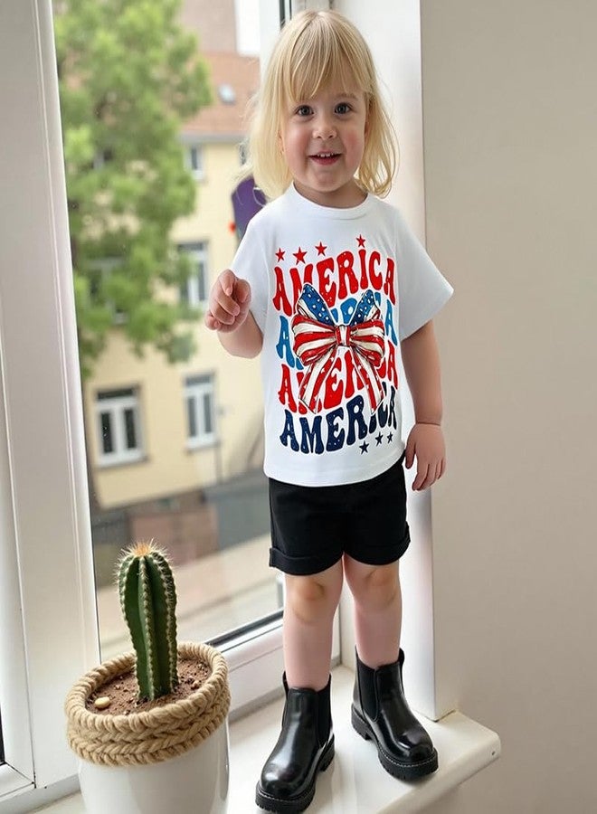 Pudcoco Kids Toddler Girls 4th of July T-Shirt Short Sleeve Patriotic Coquette Bow American Flag Independence Day Top (White Bowknot, 1-2 Years) - Image 2