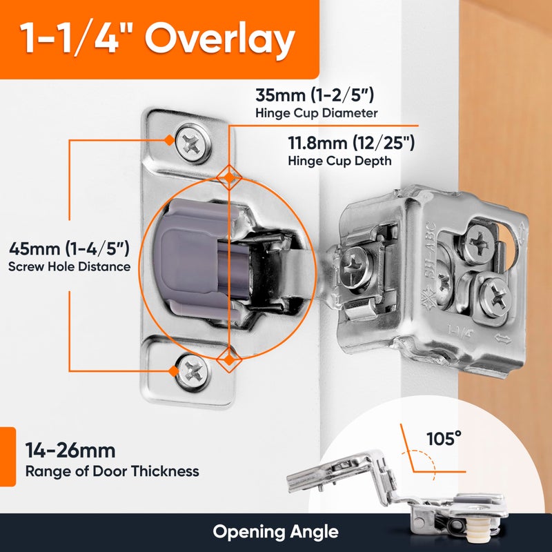 Decobasics 50 Pack Soft Close Cabinet Hinges 1-1/4" Overlay for Kitchen Cabinet Doors, Slow Self-Closing Concealed Hidden Hinges for Face Frame â€“Stainless Steel, 3-Way Adjustable & Quiet Close Damper - Image 2