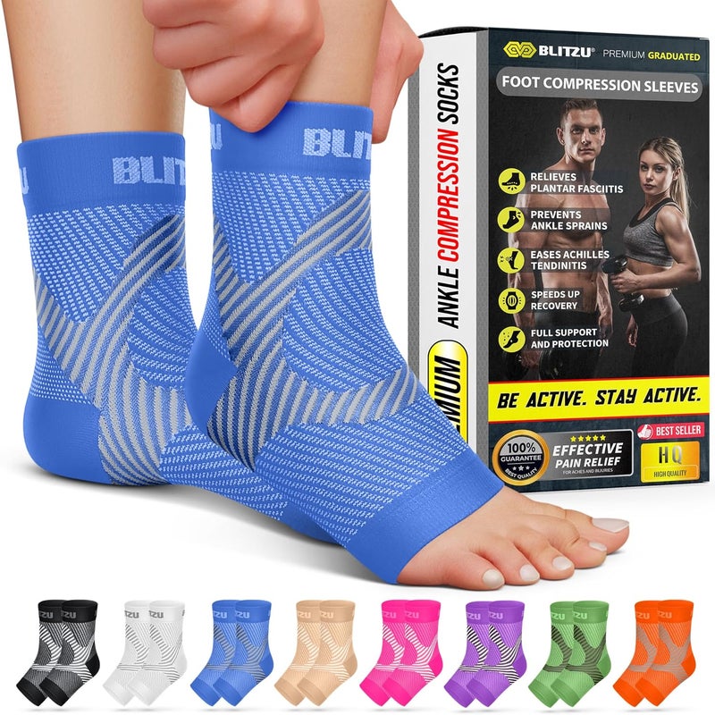 BLITZU Compression Socks for Plantar Fasciitis, Achilles Tendonitis, Arthritis Relief, Ankle Brace Compression Sleeve with Foot Arch Support, Ankle Wrap for Women, Men, Swelling & Heel Pain Blue L-XL - Image 1