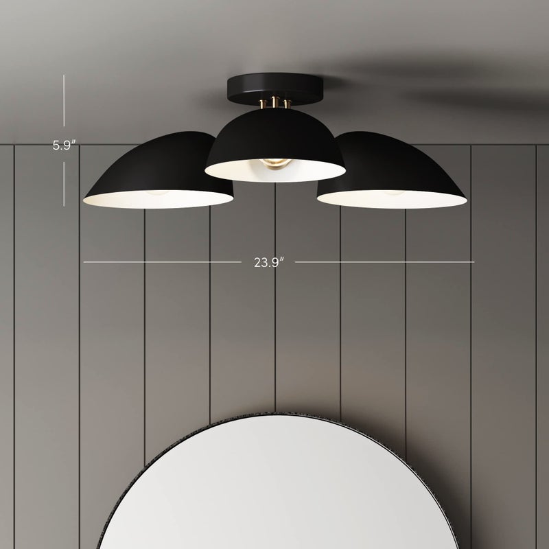 Nathan James Argo Semi Mount Flush Ceiling Light, 3-Lights Modern Retro Lighting with Black Rounded Shades for Hallway, Dining Room and Bedroom, Brass Gold/Black - Image 5